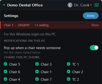 Windows app settings: pop up when a chair needs someone, and a checklist of which chairs this PC shows