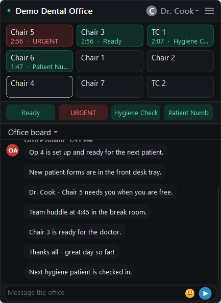 Chair 4 selected in the Windows app, with Ready, URGENT, Hygiene Check and Patient Numb buttons underneath